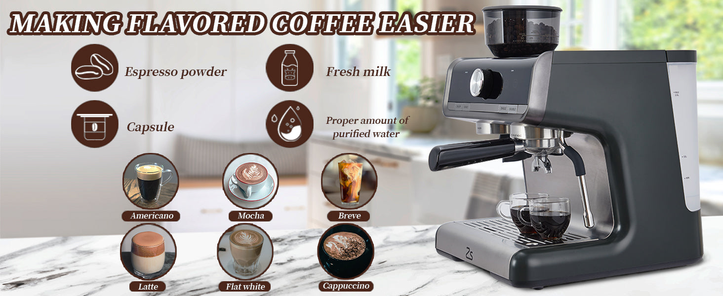 Espresso Machine with Grinder, Professional Espresso Maker with Milk Frother Steam Wand, 20 Bar Barista Cappuccino Machine,1450W