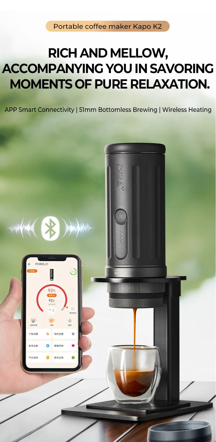 IKAPE Kapo K2 Portable Coffee Machine/Bluetooth connection/Timer Function,51/58mm Espresso Bottomless Portafilter,Camping/Home