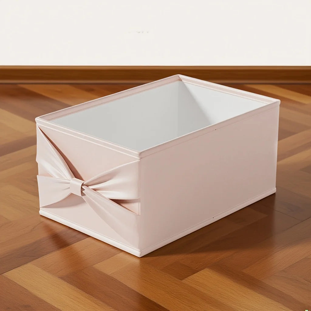 Soft Pink/Blue Fabric Storage Box with Bow. Multi-Grid Organizer for Closet, Socks & Accessories. Save Space, Durable & Stylish.