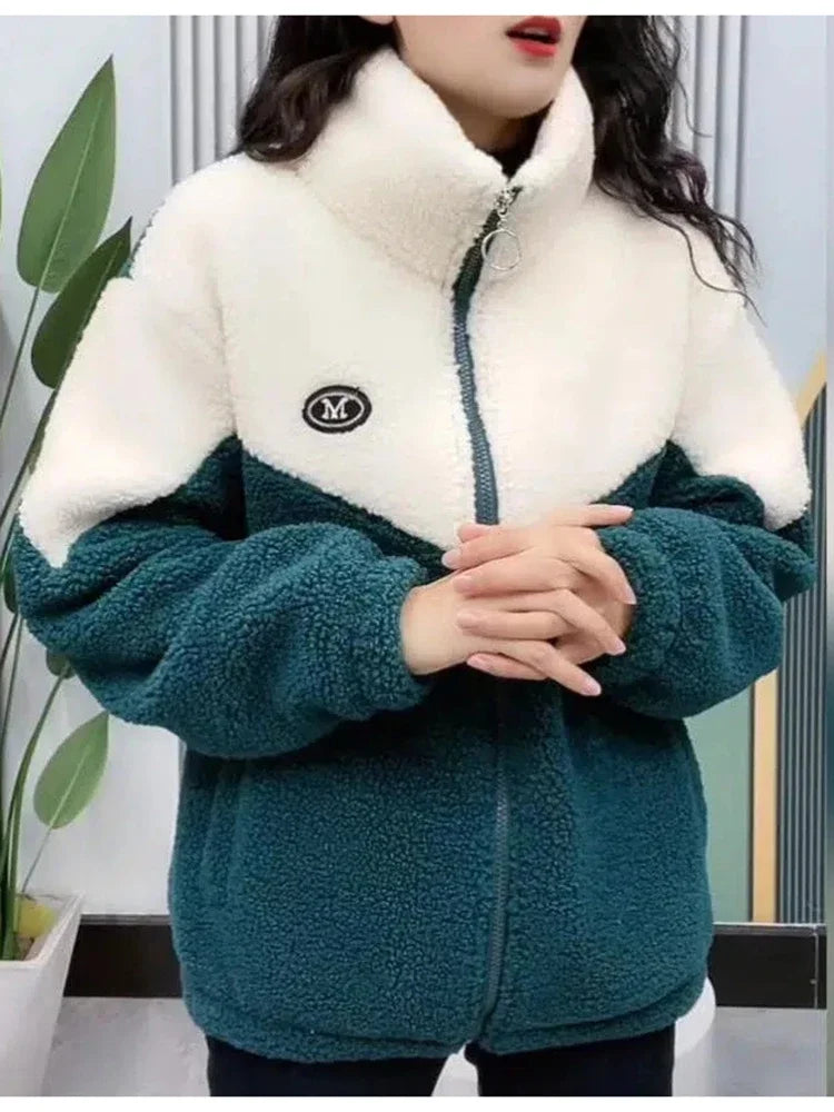 Women Jacket Colored Thickened Lamb Fleece Long Sleeve Mid Length Overcoat Warm Topcoat Quilted Top Autumn Winter Overgarmen