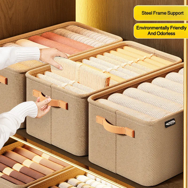 Home Clothing Storage Bin, Thickened Fabric Foldable Organizer with Steel Frame, Clothes/Pants Storage Box, for Closet/Bedroom