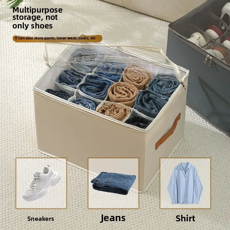 Multifunctional Grid Storage Shoe Box Cross-border Foldable Fabric with Cover Dustproof and Washable Sundries Storage Box