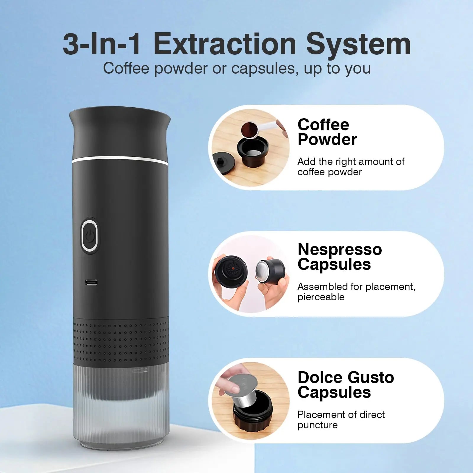 Portable espresso machine, coffee maker for on the go, 3-in-1 rechargeable coffee maker for the car, compatible with ground coff