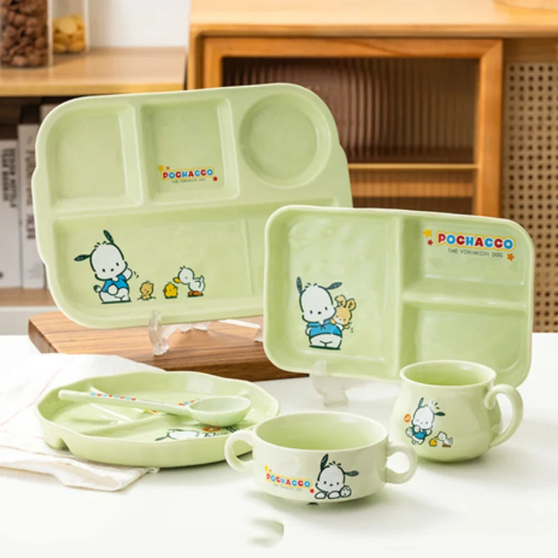 For Sanrio Pochacco Ceramic Children's Divided Plate Round Compartmented Dinner Plate Cartoon Mug Microwave Available Tableware