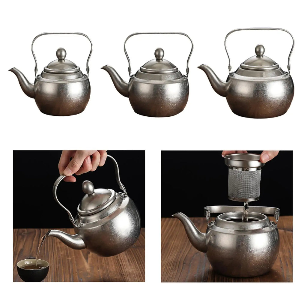 Thick stainless steel teapot with handle, portable, with removable infuser,