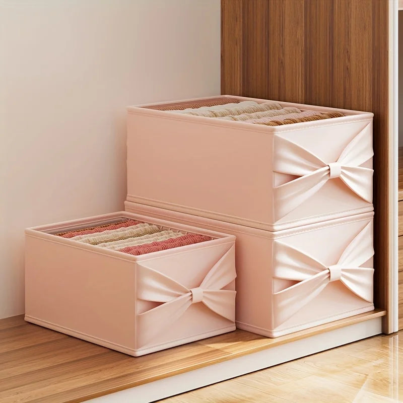 Soft Pink/Blue Fabric Storage Box with Bow. Multi-Grid Organizer for Closet, Socks & Accessories. Save Space, Durable & Stylish.