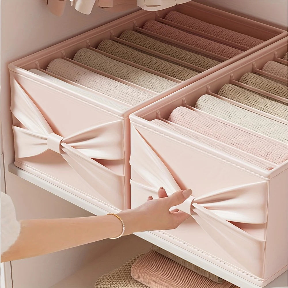 Soft Pink/Blue Fabric Storage Box with Bow. Multi-Grid Organizer for Closet, Socks & Accessories. Save Space, Durable & Stylish.