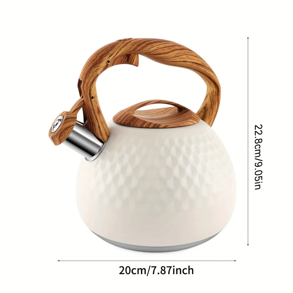 3L Stainless Steel Whistling Tea Kettle, Wood Handle. For All Stovetops, Indoor & Outdoor Use. Easy Clean.