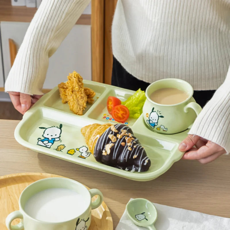 For Sanrio Pochacco Ceramic Children's Divided Plate Round Compartmented Dinner Plate Cartoon Mug Microwave Available Tableware