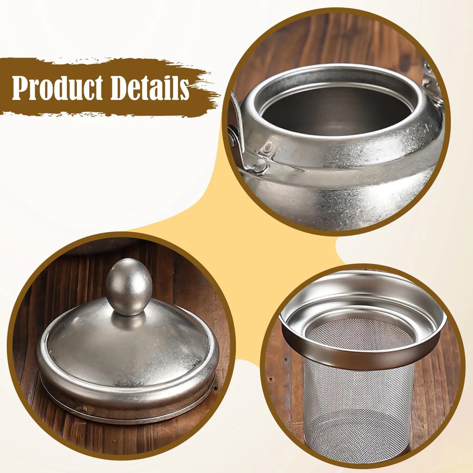 Thick stainless steel teapot with handle, portable, with removable infuser,