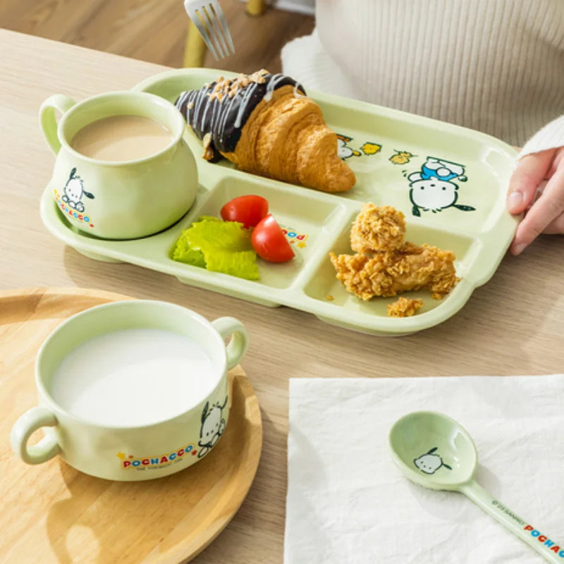 For Sanrio Pochacco Ceramic Children's Divided Plate Round Compartmented Dinner Plate Cartoon Mug Microwave Available Tableware