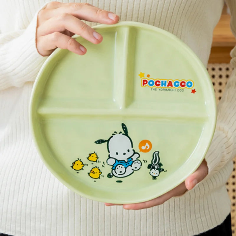 For Sanrio Pochacco Ceramic Children's Divided Plate Round Compartmented Dinner Plate Cartoon Mug Microwave Available Tableware