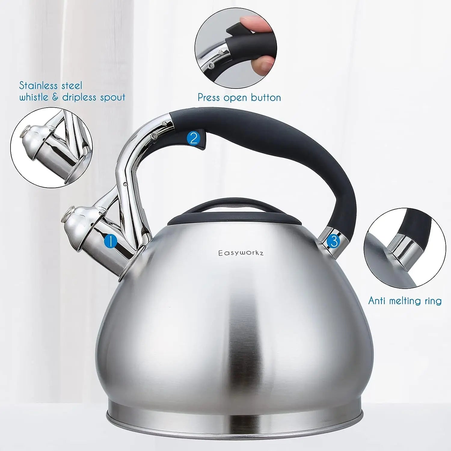 Easyworkz Whistling Stovetop Tea Kettle Food Grade Stainless Steel Hot Water Tea Pot With Loud Whistle,2.65 Quart(2.5l)