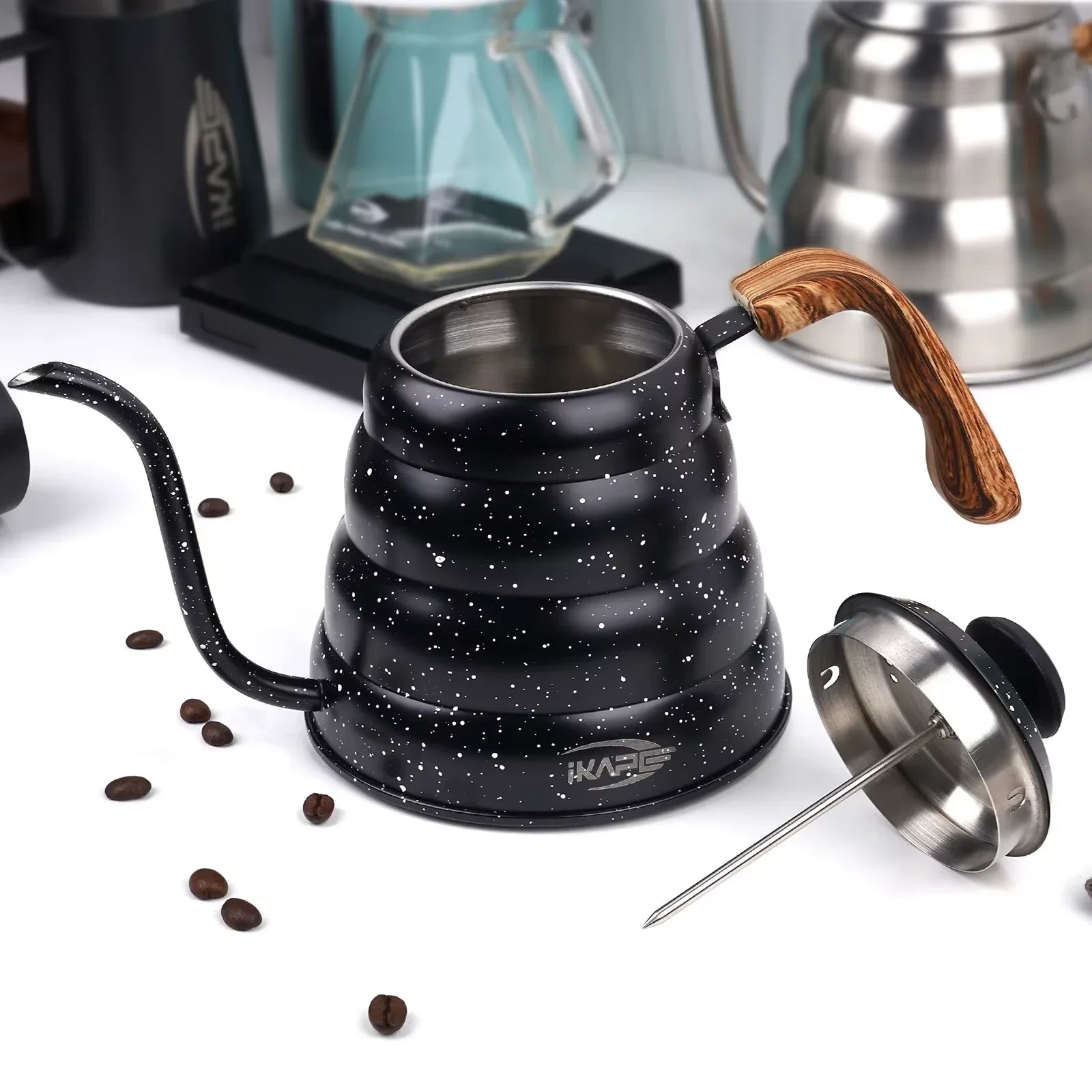 IKAPE Espresso Pour Over Coffee Kettle, Gooseneck Tea Kettle, Premium Stainless Steel Kettle Body，40 oz with Thermometer