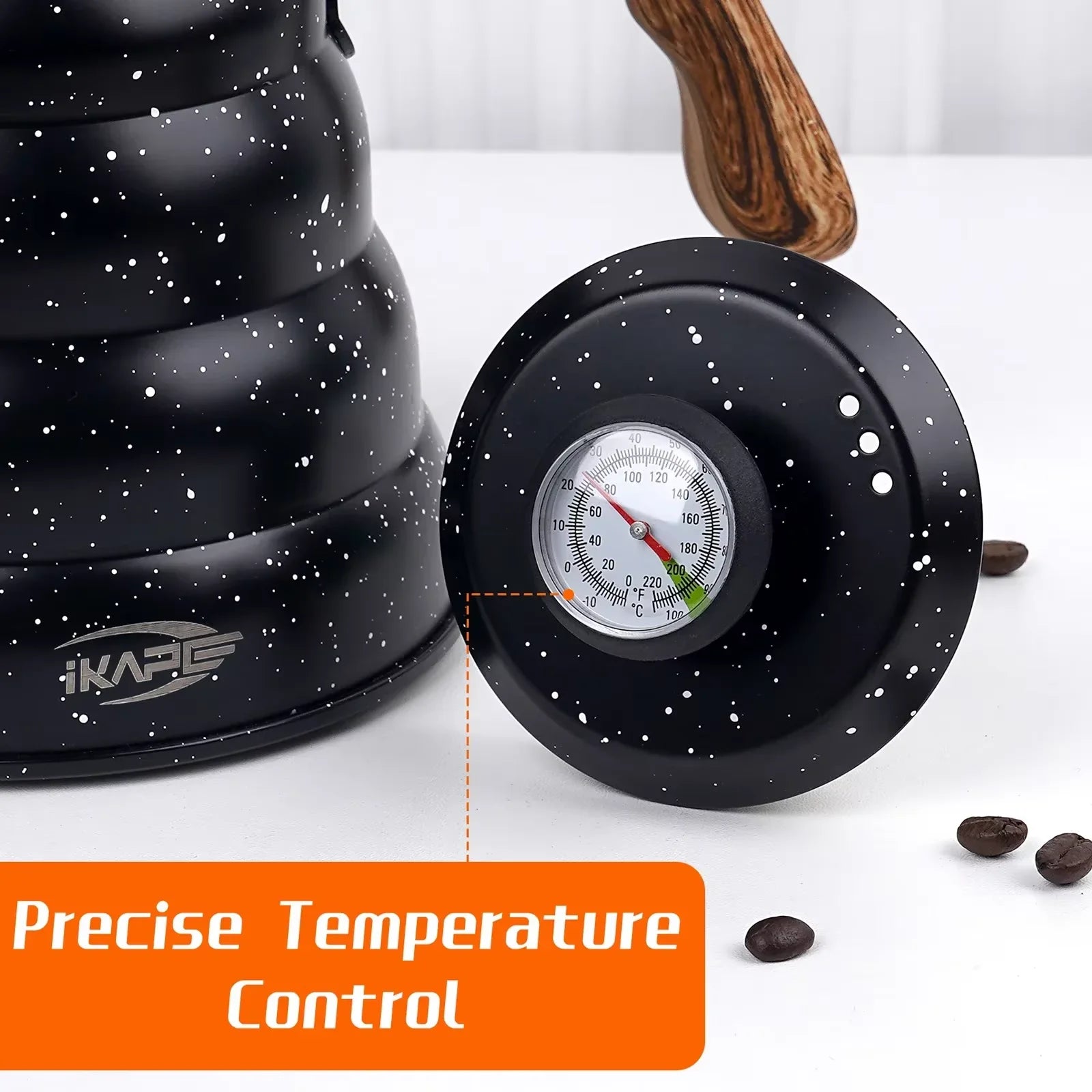 IKAPE Espresso Pour Over Coffee Kettle, Gooseneck Tea Kettle, Premium Stainless Steel Kettle Body，40 oz with Thermometer