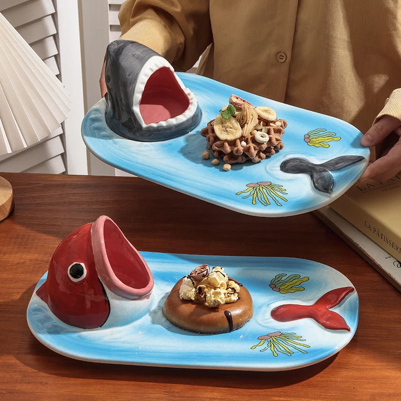 1PC Big Mouth Shark Plate Japanese Cartoon Ceramic Fries Dipping Sauce Vinegar Plate Household Sushi Plate Tableware