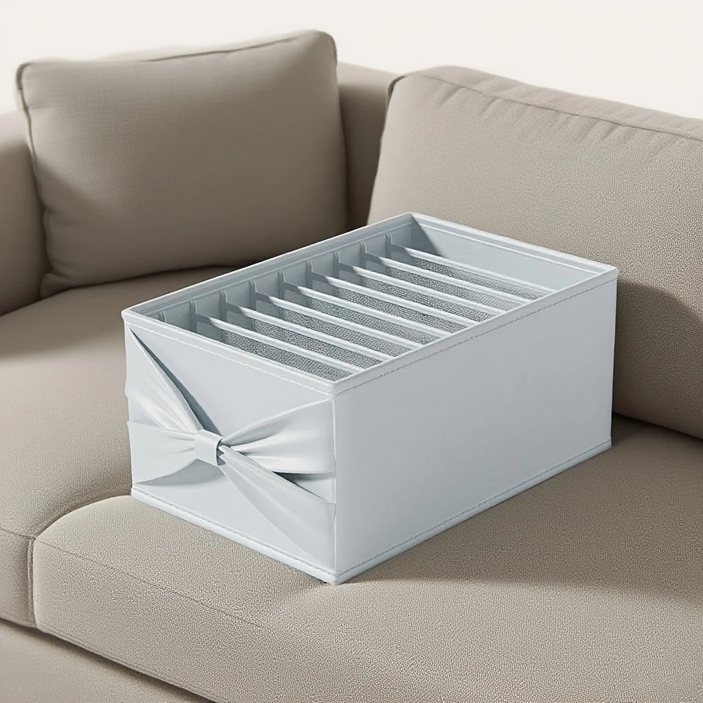 Soft Pink/Blue Fabric Storage Box with Bow. Multi-Grid Organizer for Closet, Socks & Accessories. Save Space, Durable & Stylish.