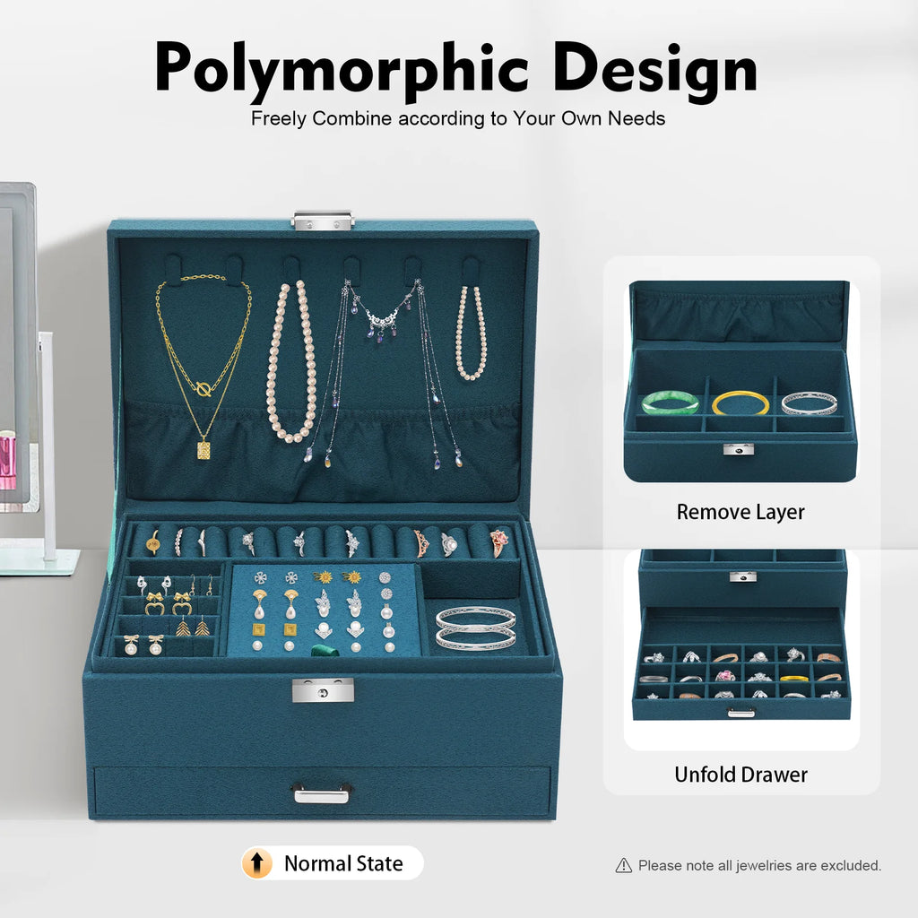 3-Tier Jewelry Box Dark Green Suede Fabric Rings Earrings Bracelets Drawer Organizer Small Item Sorting Storage Tool