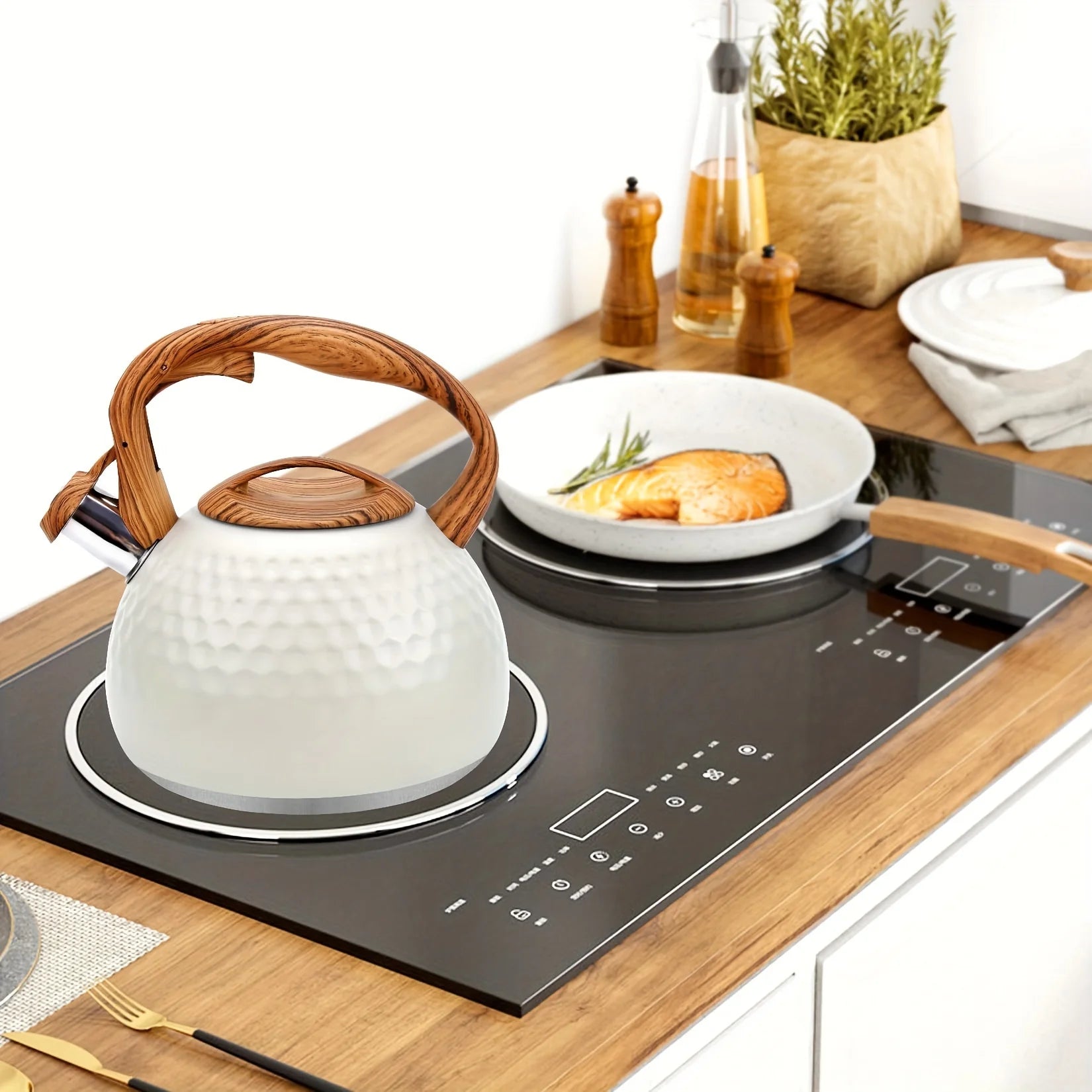 3L Stainless Steel Whistling Tea Kettle, Wood Handle. For All Stovetops, Indoor & Outdoor Use. Easy Clean.