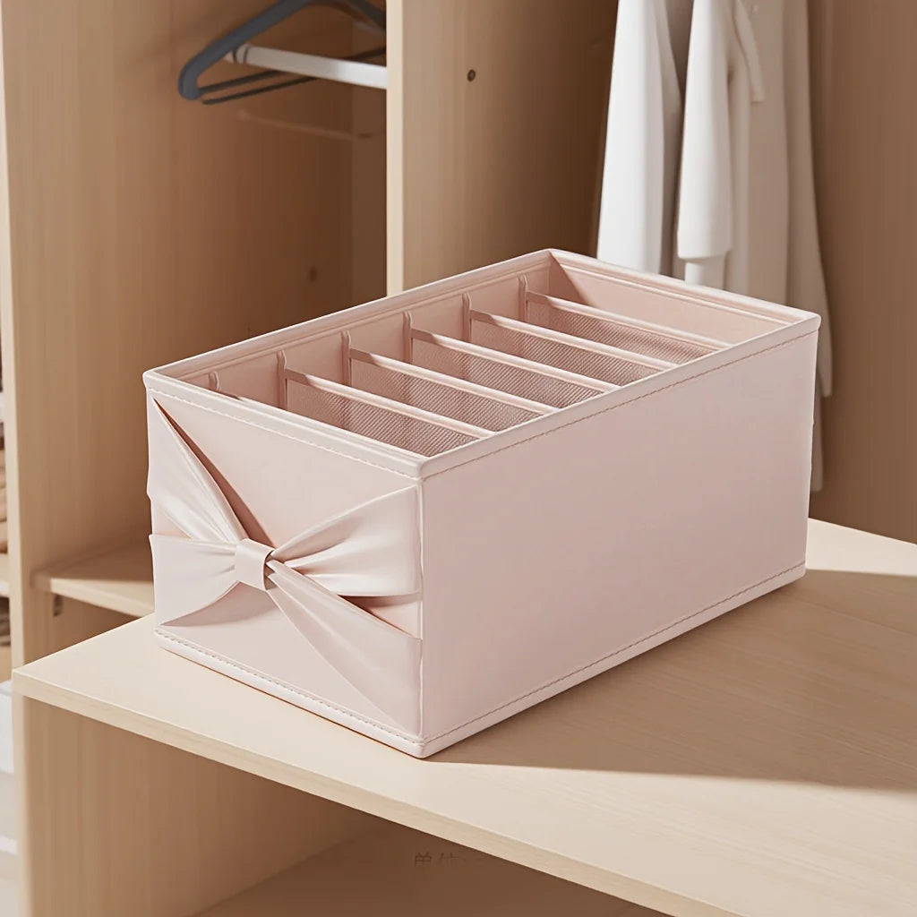 Soft Pink/Blue Fabric Storage Box with Bow. Multi-Grid Organizer for Closet, Socks & Accessories. Save Space, Durable & Stylish.
