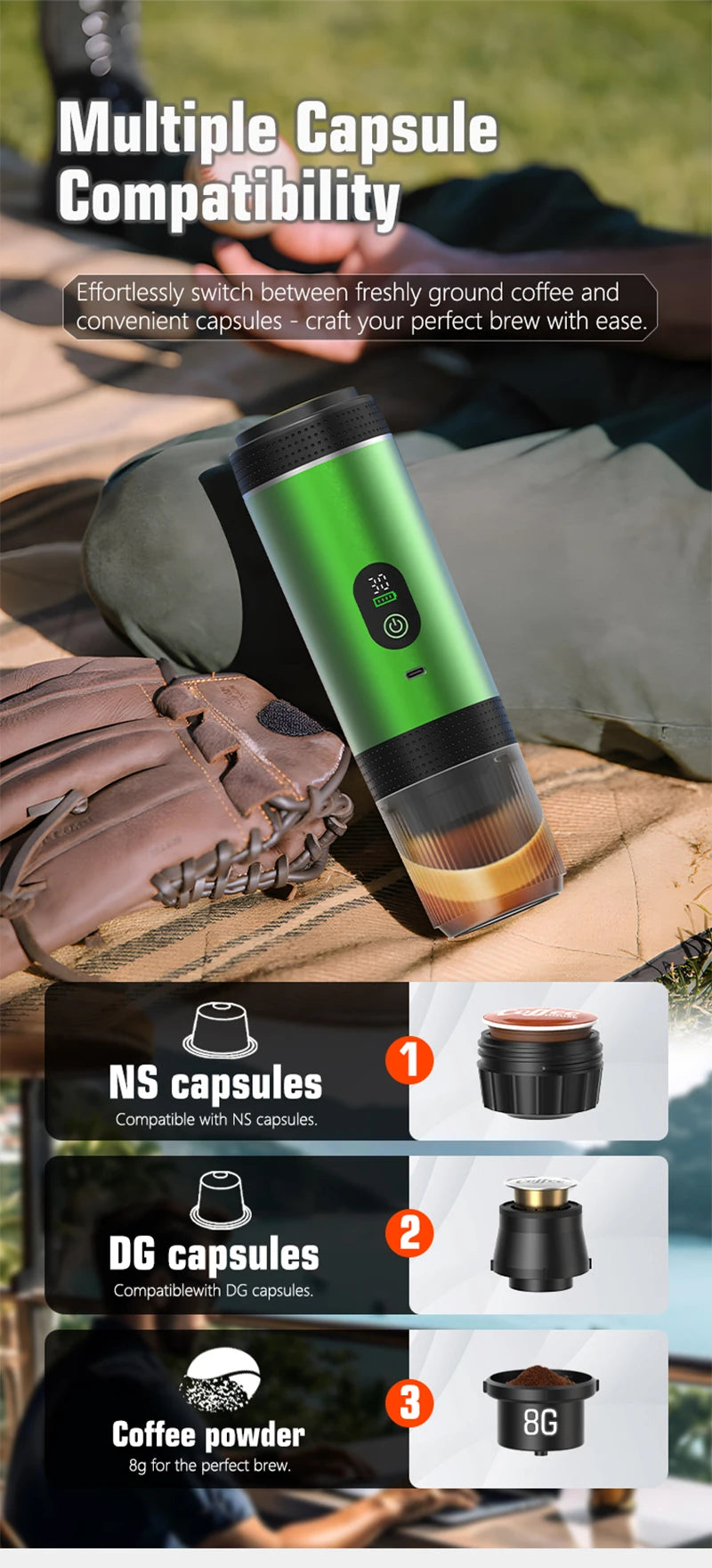 Foombthe 3-in-1 Capsule Coffee Maker With Digital Display Portable Espresso Coffee Machine for Car & Home Camping Coffee Maker