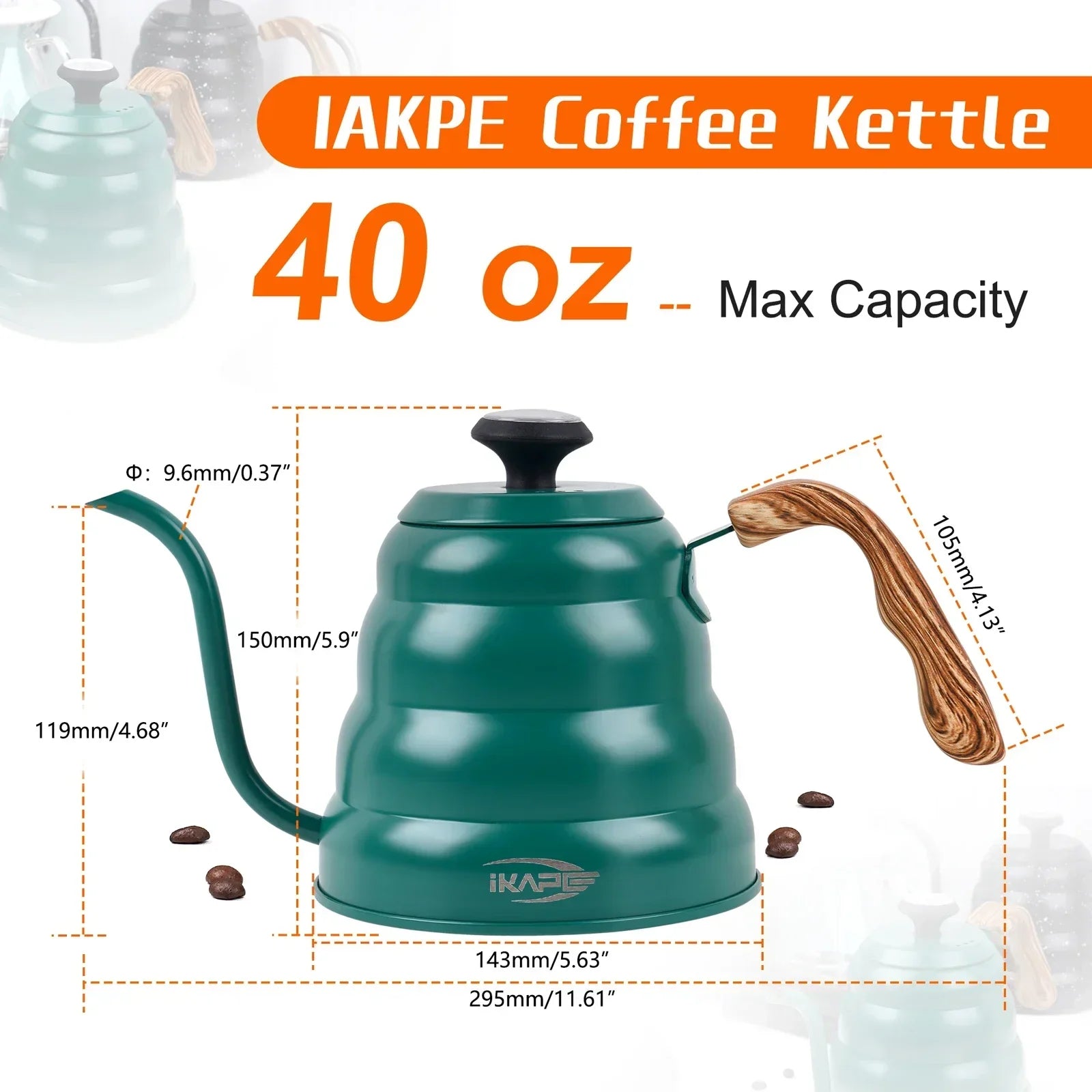 IKAPE Espresso Pour Over Coffee Kettle, Gooseneck Tea Kettle, Premium Stainless Steel Kettle Body，40 oz with Thermometer