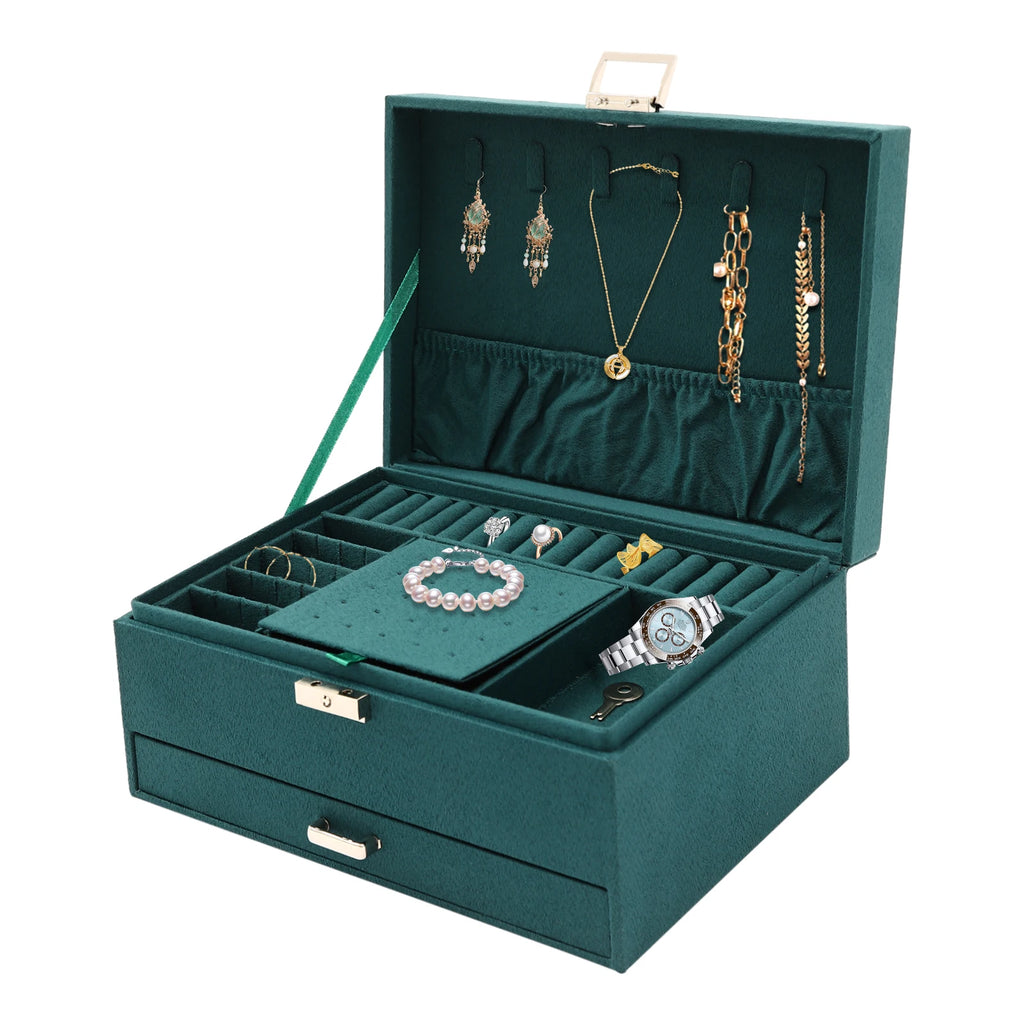 3-Tier Jewelry Box Dark Green Suede Fabric Rings Earrings Bracelets Drawer Organizer Small Item Sorting Storage Tool