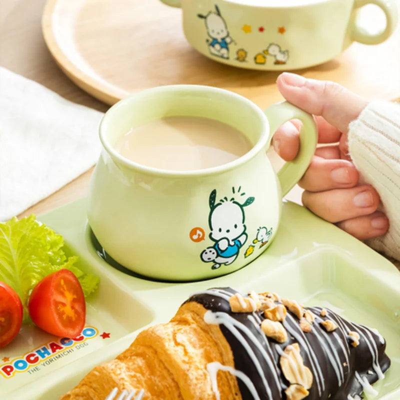 For Sanrio Pochacco Ceramic Children's Divided Plate Round Compartmented Dinner Plate Cartoon Mug Microwave Available Tableware