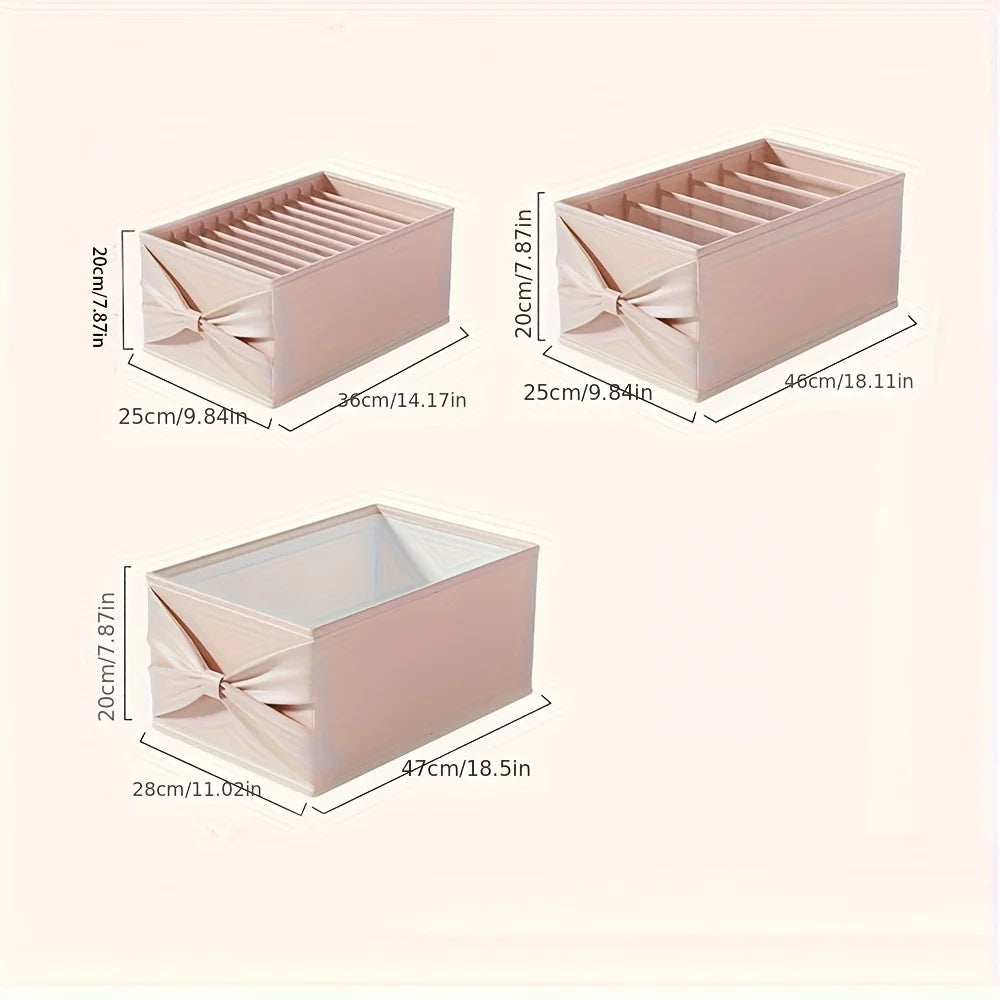 Soft Pink/Blue Fabric Storage Box with Bow. Multi-Grid Organizer for Closet, Socks & Accessories. Save Space, Durable & Stylish.