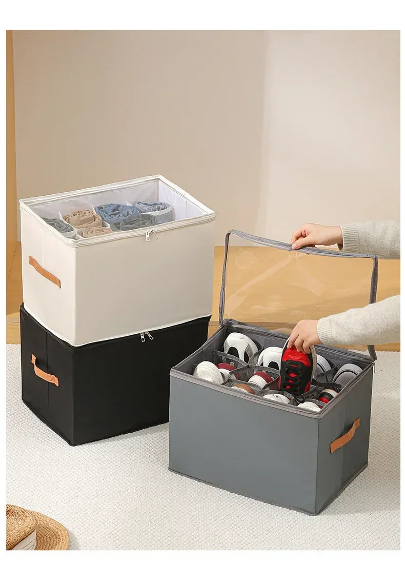 Multifunctional Grid Storage Shoe Box Cross-border Foldable Fabric with Cover Dustproof and Washable Sundries Storage Box