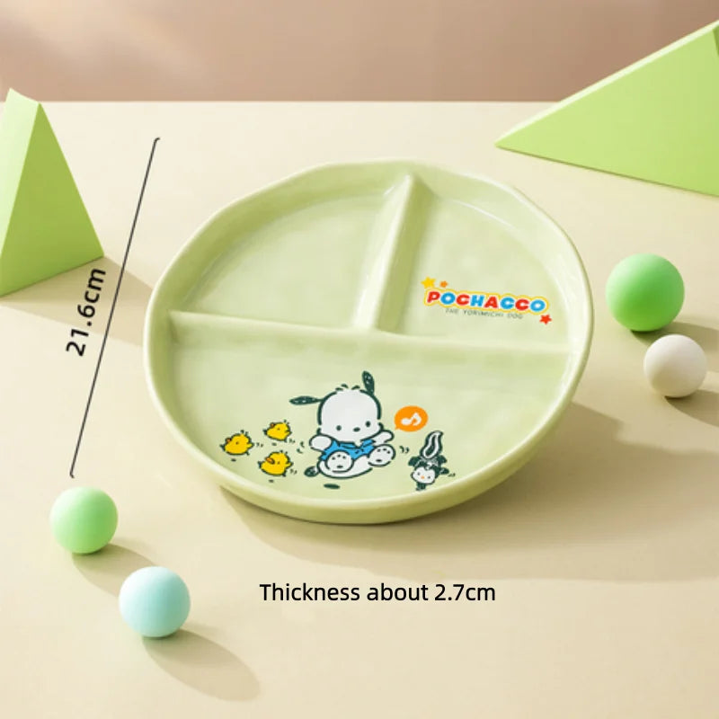 For Sanrio Pochacco Ceramic Children's Divided Plate Round Compartmented Dinner Plate Cartoon Mug Microwave Available Tableware