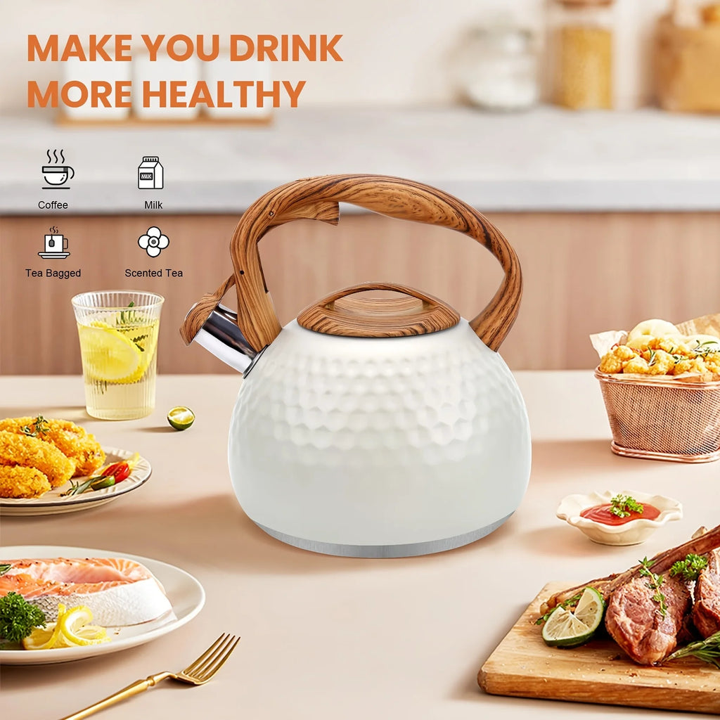 3L Stainless Steel Whistling Tea Kettle, Wood Handle. For All Stovetops, Indoor & Outdoor Use. Easy Clean.