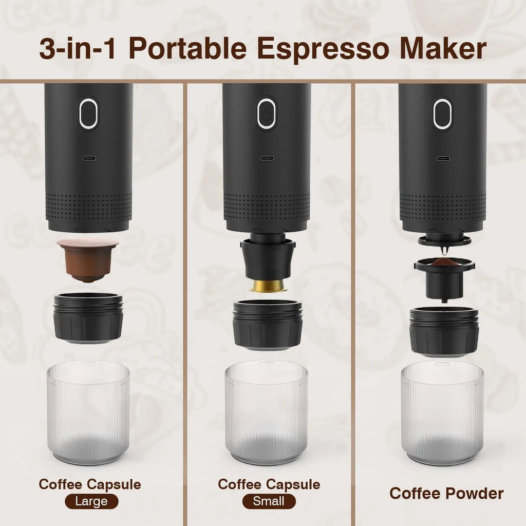 Portable espresso machine, coffee maker for on the go, 3-in-1 rechargeable coffee maker for the car, compatible with ground coff