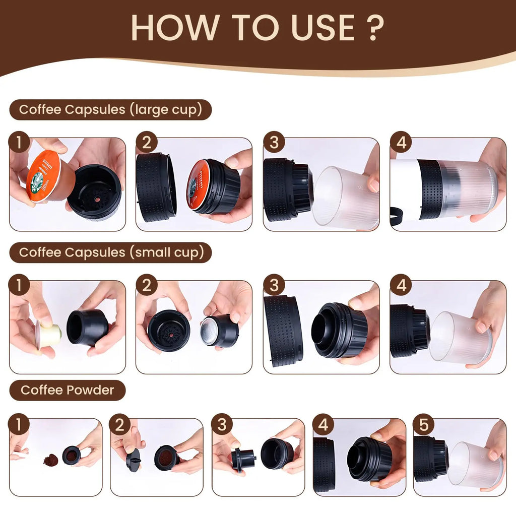 Portable espresso machine, coffee maker for on the go, 3-in-1 rechargeable coffee maker for the car, compatible with ground coff