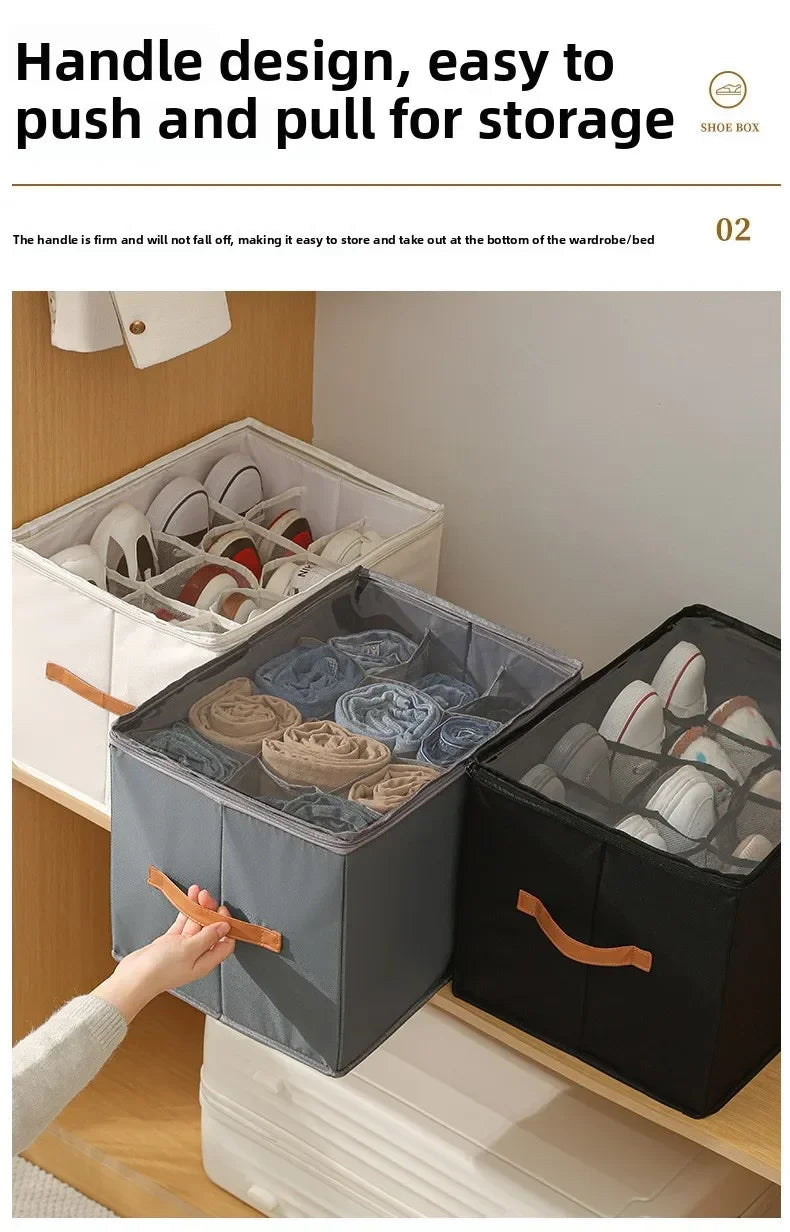 Multifunctional Grid Storage Shoe Box Cross-border Foldable Fabric with Cover Dustproof and Washable Sundries Storage Box