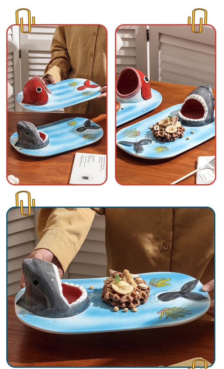 1PC Big Mouth Shark Plate Japanese Cartoon Ceramic Fries Dipping Sauce Vinegar Plate Household Sushi Plate Tableware
