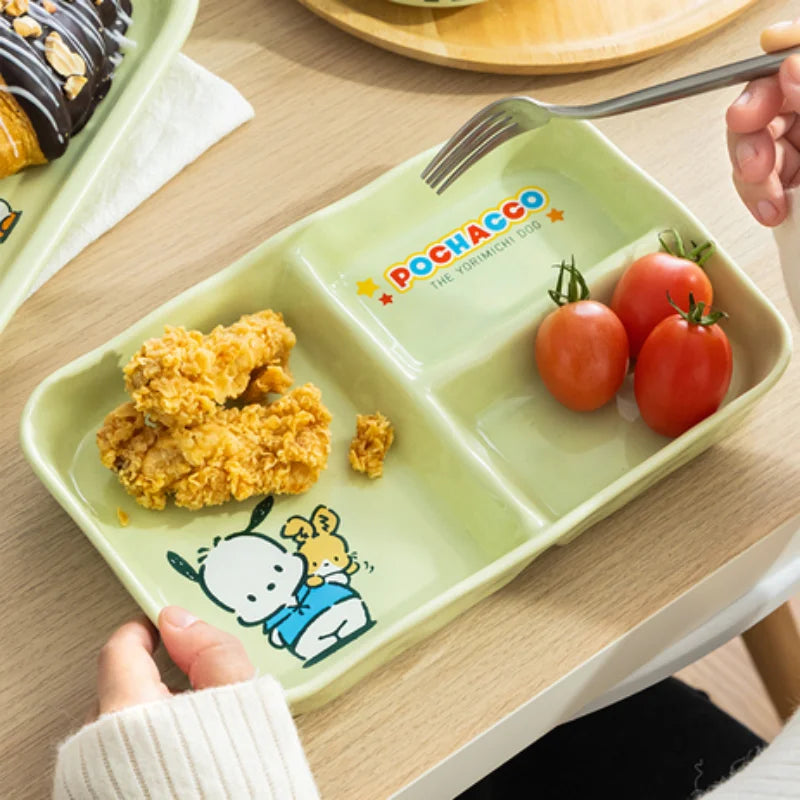 For Sanrio Pochacco Ceramic Children's Divided Plate Round Compartmented Dinner Plate Cartoon Mug Microwave Available Tableware