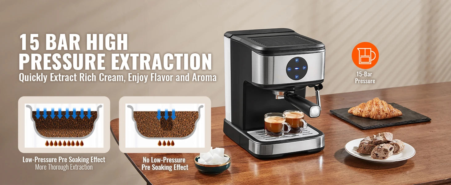 SucceBuy Espresso Machine 15 Bar Coffee and Espresso Maker w/ Milk Frother Steam Wand Professional Semi-Automatic Coffee Machine