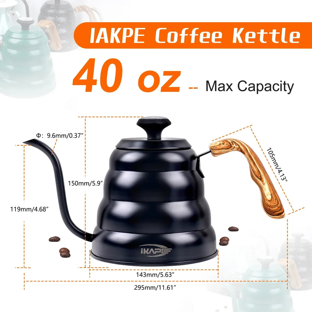 IKAPE Espresso Pour Over Coffee Kettle, Gooseneck Tea Kettle, Premium Stainless Steel Kettle Body，40 oz with Thermometer