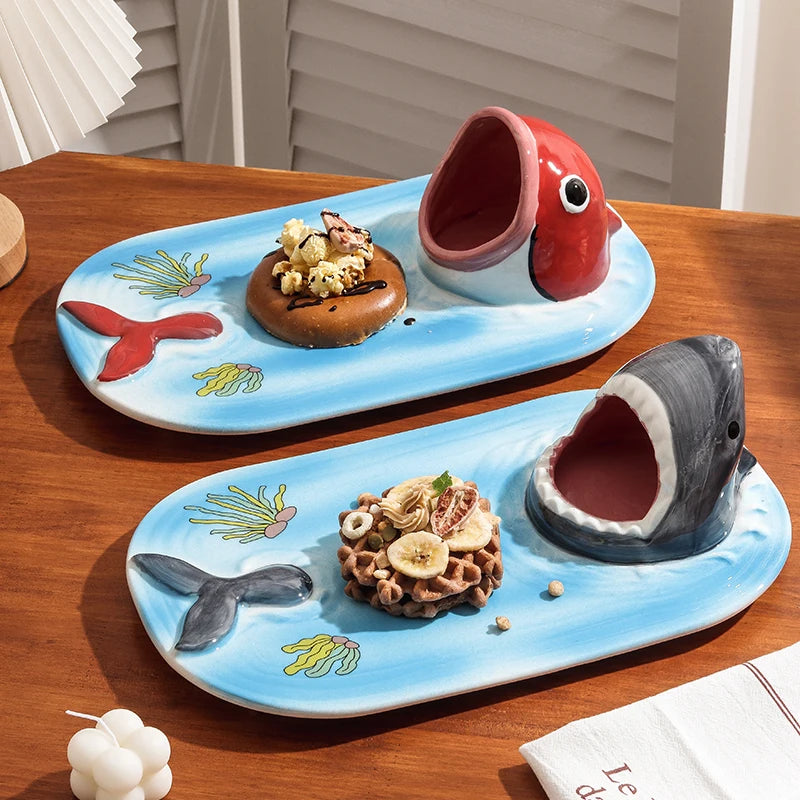 1PC Big Mouth Shark Plate Japanese Cartoon Ceramic Fries Dipping Sauce Vinegar Plate Household Sushi Plate Tableware