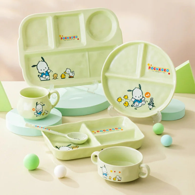 For Sanrio Pochacco Ceramic Children's Divided Plate Round Compartmented Dinner Plate Cartoon Mug Microwave Available Tableware