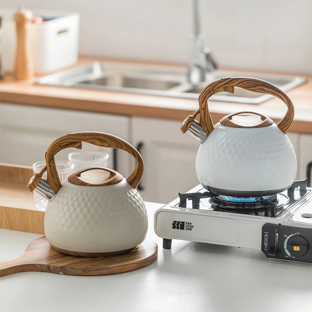 3L Stainless Steel Whistling Tea Kettle, Wood Handle. For All Stovetops, Indoor & Outdoor Use. Easy Clean.