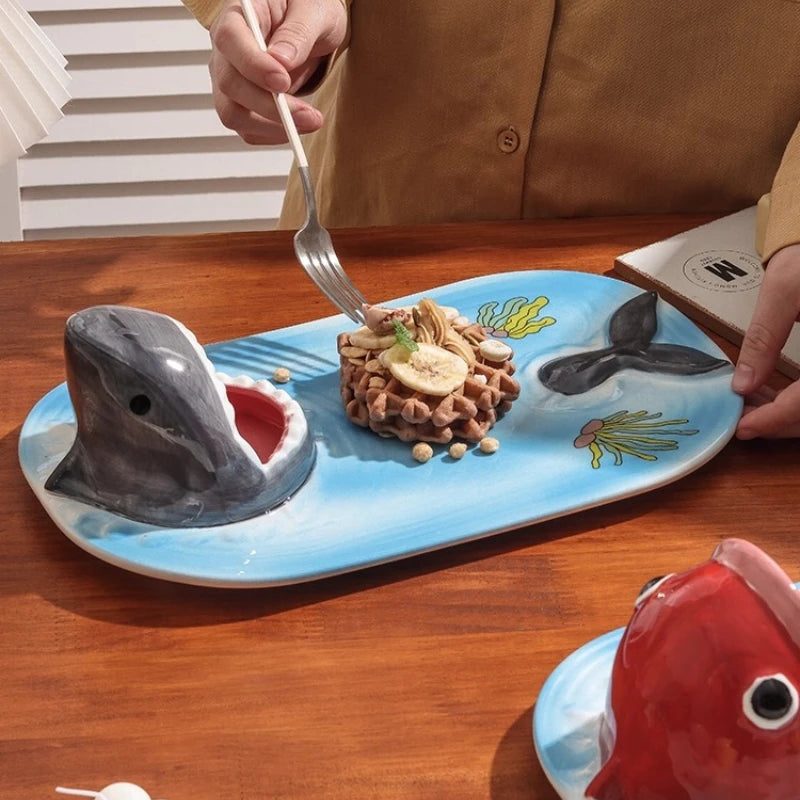 1PC Big Mouth Shark Plate Japanese Cartoon Ceramic Fries Dipping Sauce Vinegar Plate Household Sushi Plate Tableware