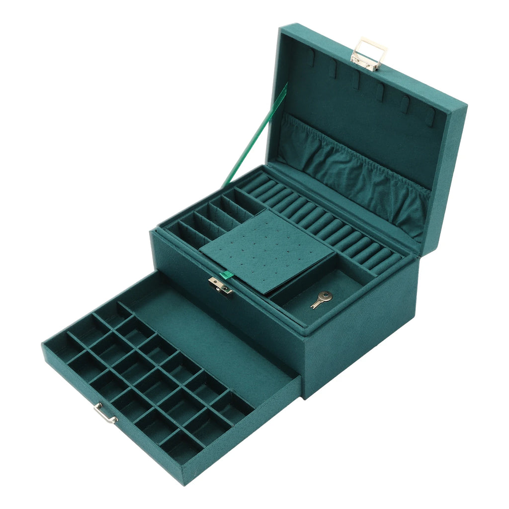 3-Tier Jewelry Box Dark Green Suede Fabric Rings Earrings Bracelets Drawer Organizer Small Item Sorting Storage Tool
