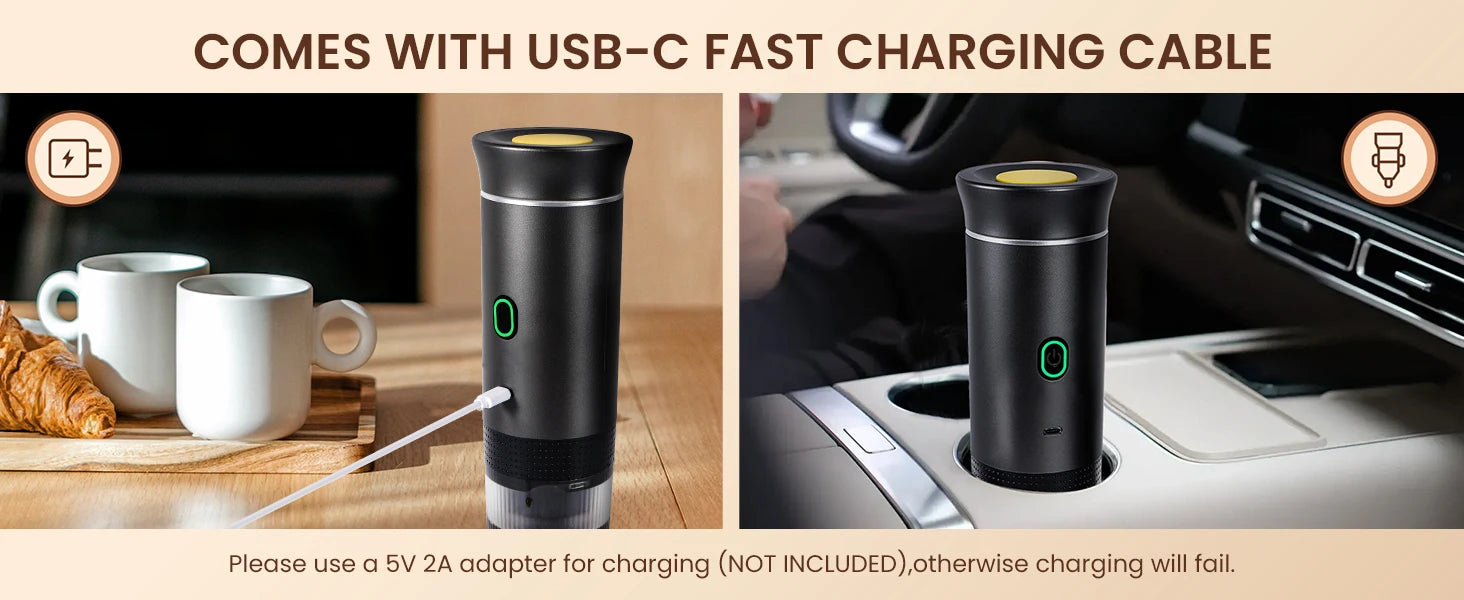 Portable espresso machine, coffee maker for on the go, 3-in-1 rechargeable coffee maker for the car, compatible with ground coff