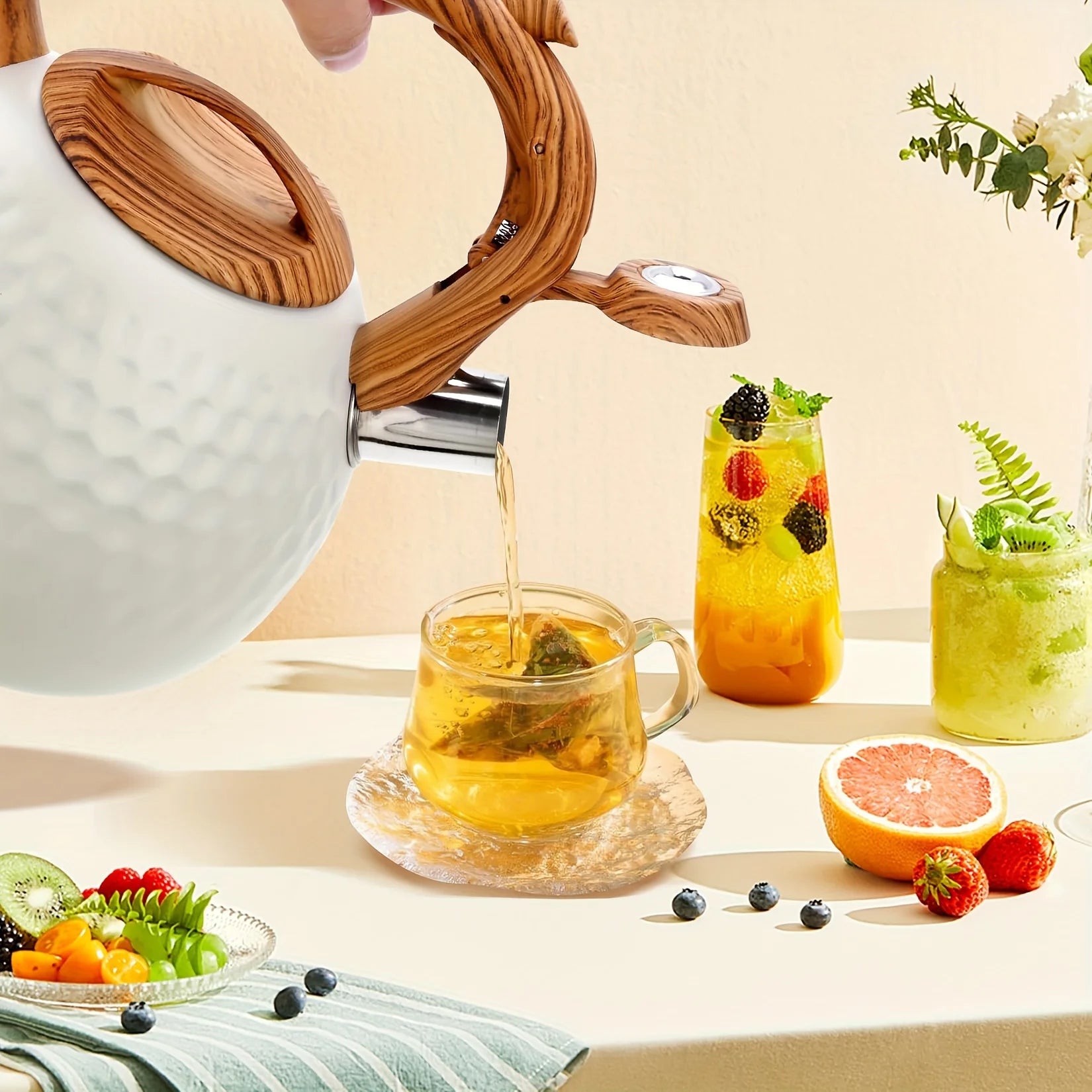 3L Stainless Steel Whistling Tea Kettle, Wood Handle. For All Stovetops, Indoor & Outdoor Use. Easy Clean.