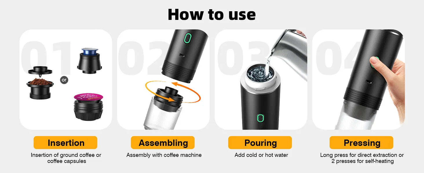 Portable espresso machine, coffee maker for on the go, 3-in-1 rechargeable coffee maker for the car, compatible with ground coff