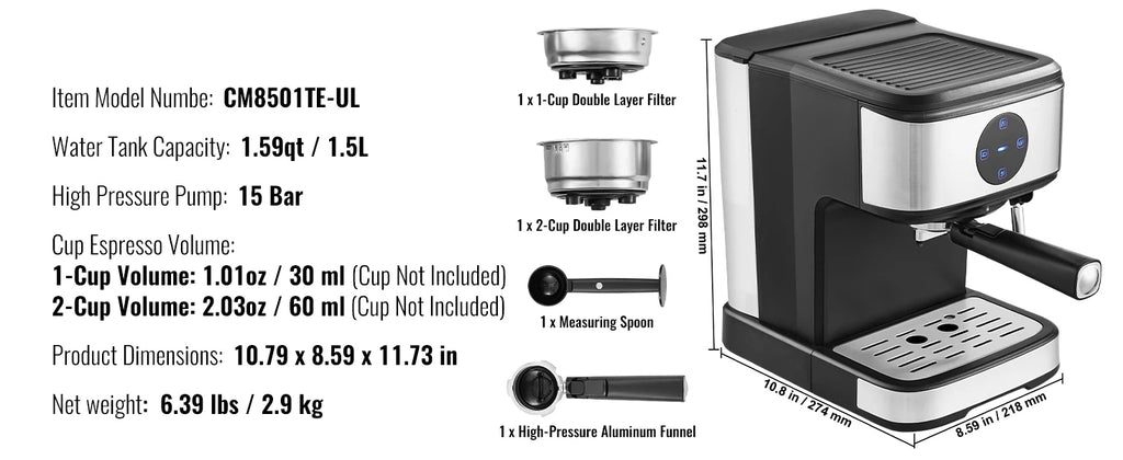 SucceBuy Espresso Machine 15 Bar Coffee and Espresso Maker w/ Milk Frother Steam Wand Professional Semi-Automatic Coffee Machine
