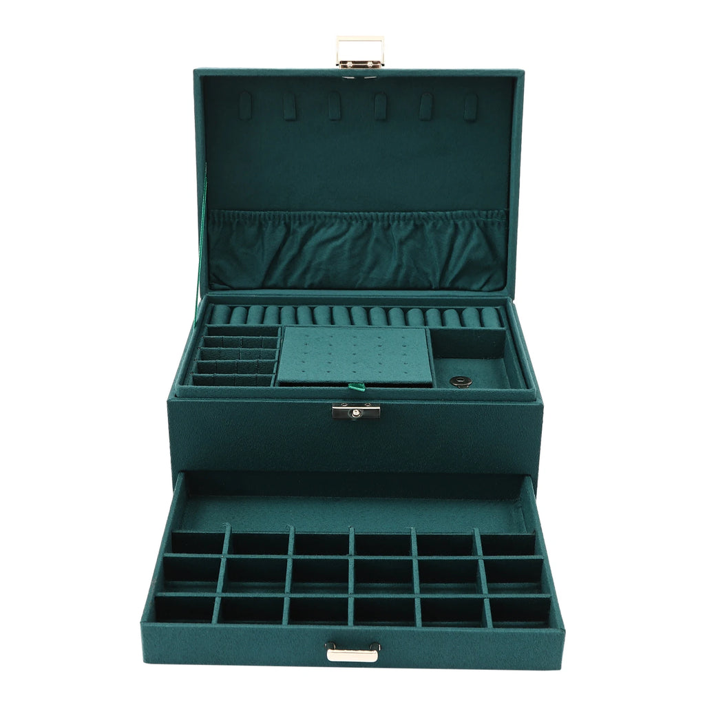 3-Tier Jewelry Box Dark Green Suede Fabric Rings Earrings Bracelets Drawer Organizer Small Item Sorting Storage Tool